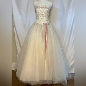 Gorgeous Mori Lee Madeline Gardner champagne & pink beaded tulle gown size 5/6
